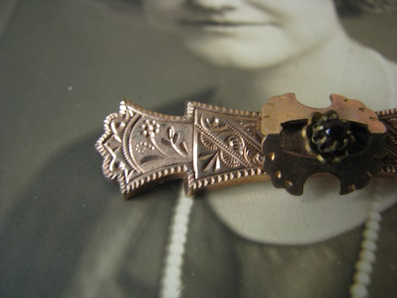 Antique Gold Filled Brooch, Victorian Garnet Broo… - image 2