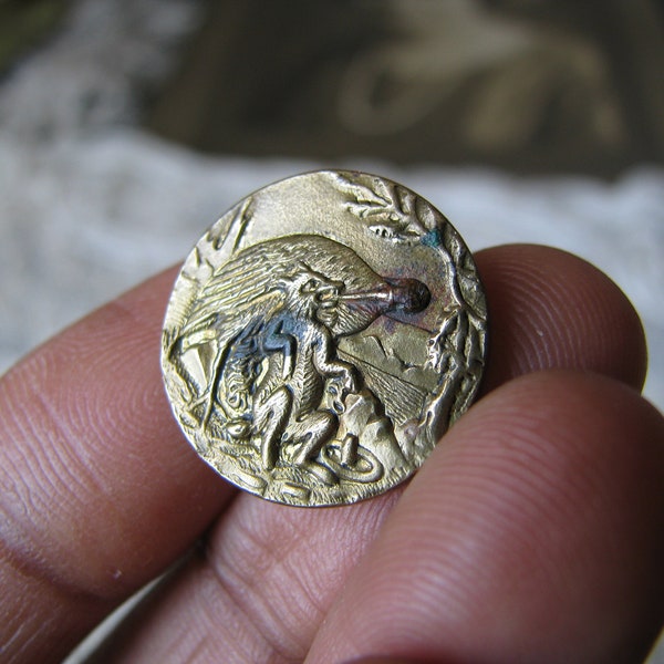 Antique Picture Button, Fox & Stork Picture Button, Antique French Button, Button Collection, Antique Sewing Notions, Victorian Button