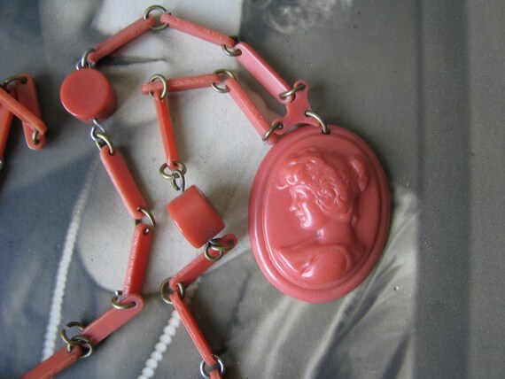 1930's Celluloid Cameo Necklace, Carved Apricot Ce