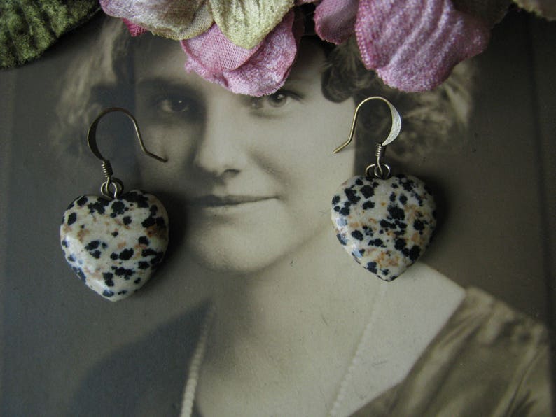 Vintage Heart Shaped Spotted Jasper Stone Drop Earrings Jasper Stone Heart Earrings Spotted Jasper Earrings