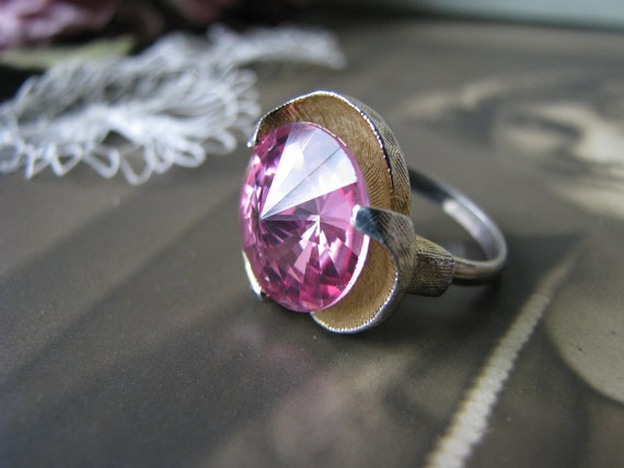 Vintage Pink Rhinestone Ring, Pink Rivoli Rhinest… - image 2