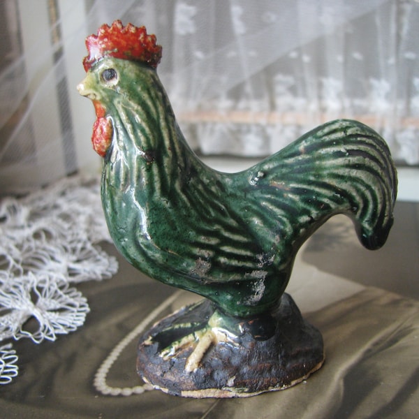 Figurine de poulet antique, figurine de poulet victorienne, poulet en grès victorien, figurine de majolique antique, collection de ferme antique