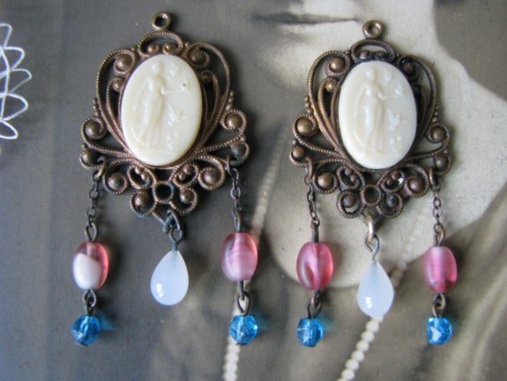 1930's Glass Cameo Drops, 1930's Glass Earring Dr… - image 1