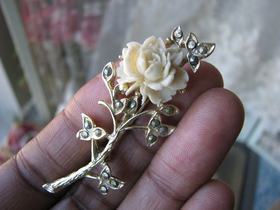 Vintage Celluloid Rose Brooch, Vintage Marcasite … - image 3