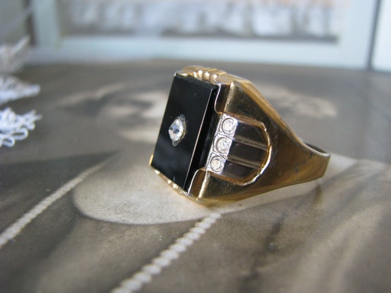 Mens Onyx Ring, Vintage Onyx Ring, Gold Plated On… - image 2