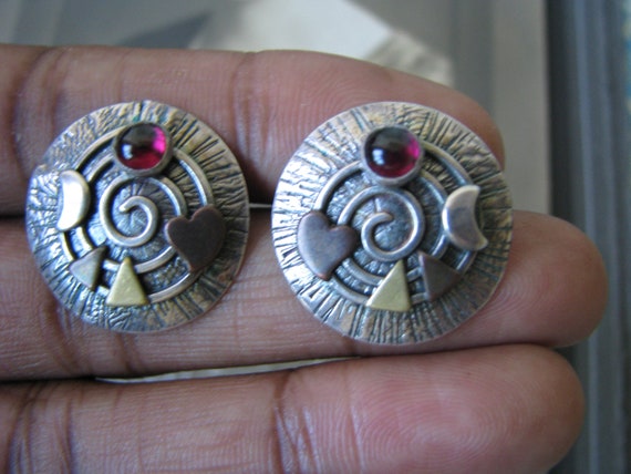 Spiral Art Earrings, Garnet Spiral Earrings, Silve