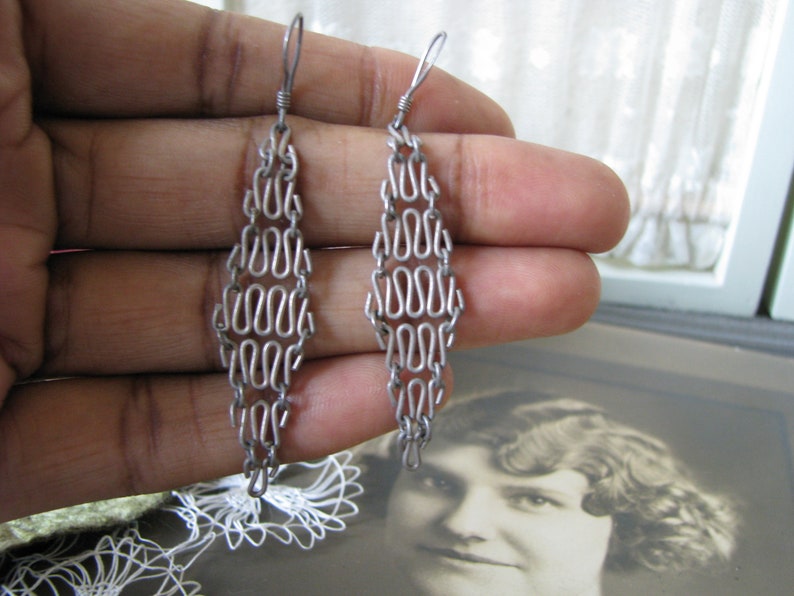 Sterling Silver Mesh Earrings Vintage Mesh Chain Earrings Silver Mesh Earrings Mesh Link Earrings Grunge Era Earrings