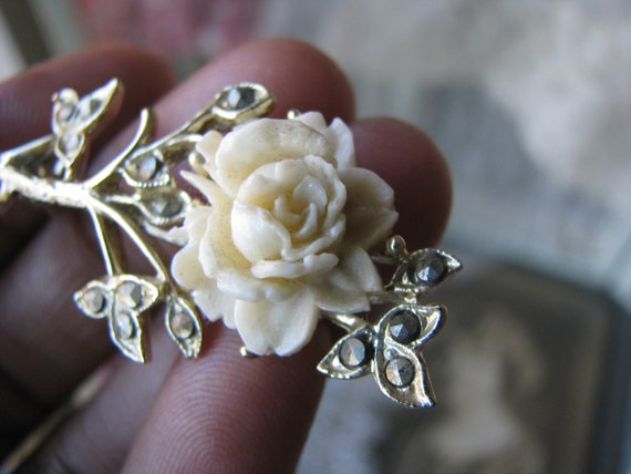 Vintage Celluloid Rose Brooch, Vintage Marcasite … - image 2