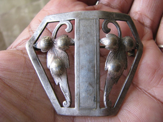 Antique Art Nouveau Shield Brooch, Floral Silver Plate