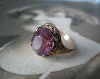 Art Deco Past Ring, 1930's Solitaire Ring, Vintage Paste Ring, Purple Paste Ring, Ornate Paste Ring, SZ 6