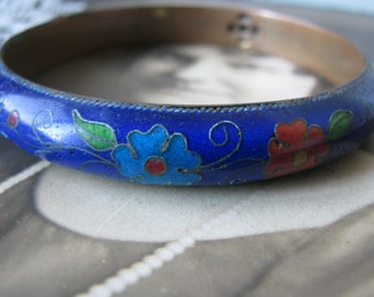 Antique Chinese Cloisonne Bangle, Cobalt Blue Floral Bracelet