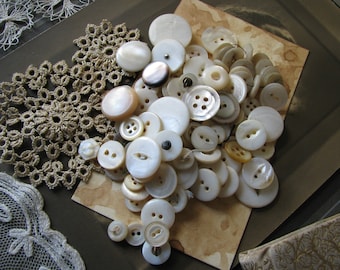 100 Antique Mother of Pearl Buttons, 100 Antique Shell Buttons, Antique Pearl Buttons, Antique Sewing Buttons
