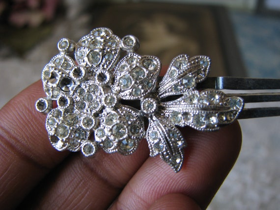 Vintage Art Deco Rhinestone Flower Hair Barrette View 6