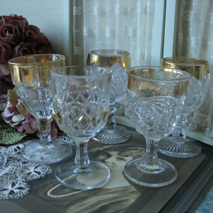 Antique Cordial Glasses, EAPG Glass Cordials, Pressed Glass Cordials, Gold Gilt Cordial Glasses, Pattern Glass Cordials