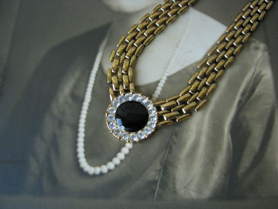 1980's Gold Plated Mesh Chain Rhinestone Black En… - image 3