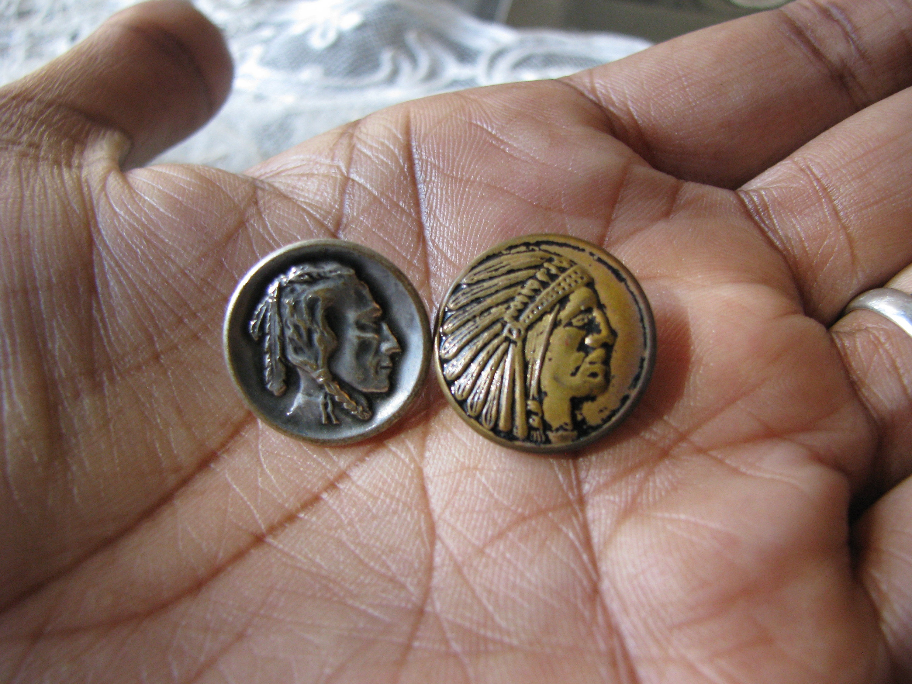 Antique Indian Head Picture Buttons, Brass & Silver Plated, 1900s
