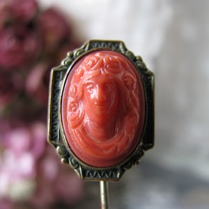 Antique Cameo Stick Pin, Celluloid Cameo Pin, Edwardian Stick Pin, Faux Coral Cameo, Collectible Stick Pin