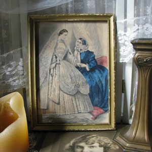 Estampado antiguo de damas francesas, Cuadro victoriano antiguo, Grabado enmarcado antiguo, Cuadro de damas victorianas, Regalos para novias