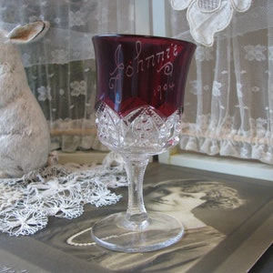 Ruby Flash Cordial, EAPG Glass Cup, Antique Souvenir Cup, Antique Name Cup, Antique Cordial Cup, Antique Name Cup, Antique Leaning Cup