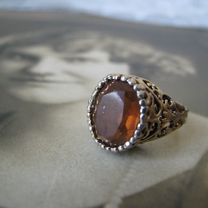 Vintage Brown Topaz Ring, Vintage Gold Plated Ring, Vintage Solitaire Ring, Faux Brown Topaz, Filigree Ring, Vintage Pinkie Ring, SZ 2.75