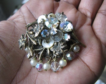Vintage Miriam Haskell Style Brooch, Brass Filigree Rhinestone