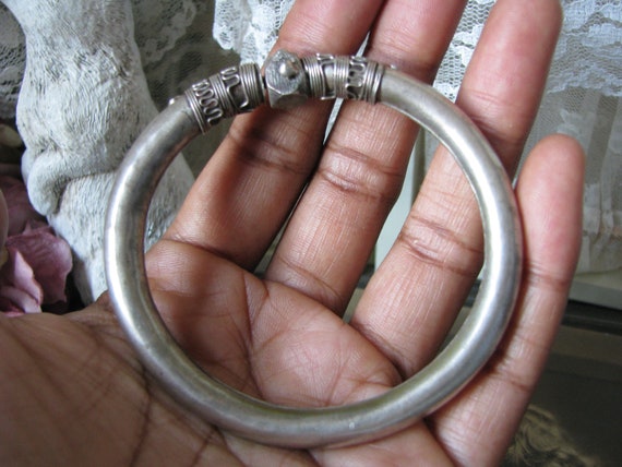 Vintage Tribal Silver Bangle, Tribal Silver Brace… - image 1