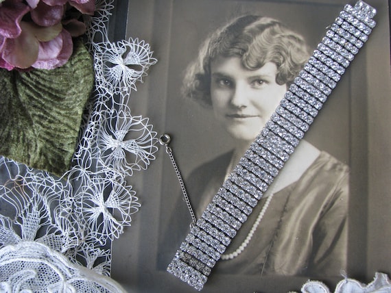 Vintage Rhinestone Bracelet, Wide Rhinestone Brace
