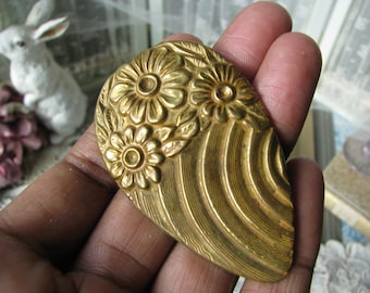 Art Deco Floral Brass Dress Clip, Vintage Stylized Leaf Design