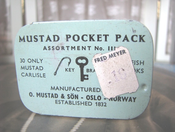 Antique Mustad Fish Hooks Pocket Pack Tin, Fred Meyer Sticker