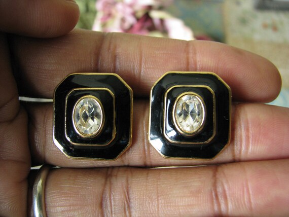 Vintage Gold Plated Crystal Black Enamel Earrings… - image 2