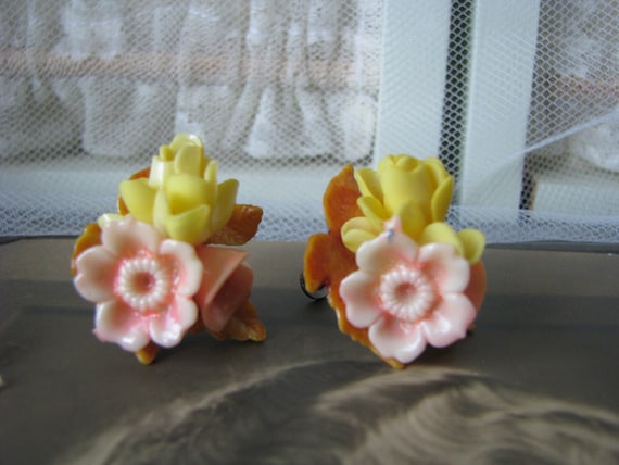 Vintage Celluloid Earrings, Floral Celluloid Earr… - image 1