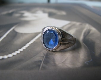 Anillo Art Déco de pasta azul, anillo vintage chapado en oro para hombre, talla 7