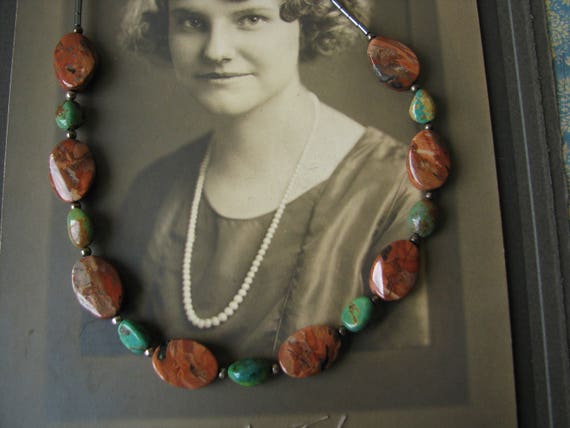 Vintage Jasper Green Turquoise Hematite Beaded Ne… - image 1