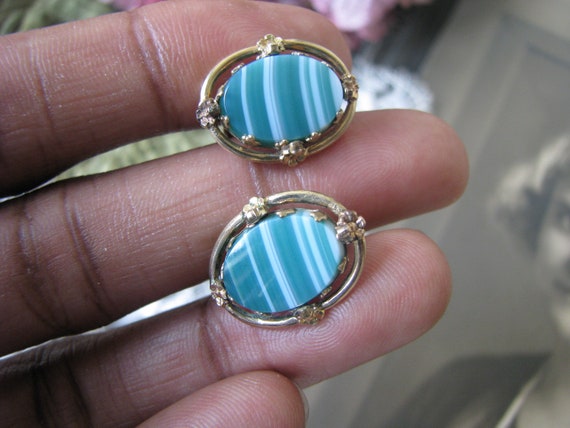 Vintage Gold Filled Earrings, Green Banded Agate … - image 4