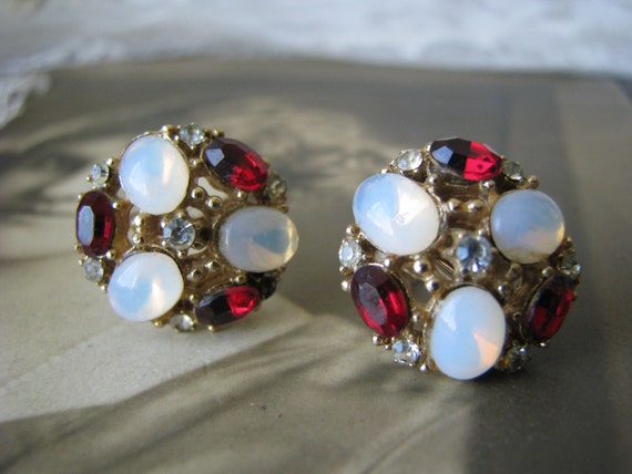 Vintage Rhinestone Earrings, Red Rhinestone Earri… - image 4