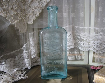Puede incluir: Una botella de vidrio azul vintage con el texto "R.R. RADWAY & CO. NEW YORK" en relieve en la parte delantera.