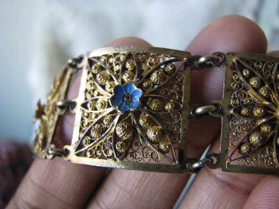 Bracelet En Argent Filigrane Fleurs Centre Doré Vermeil - Occasion - Bijou Ancien