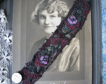 Antique Beaded Trim, Beaded Trim Sample, Victorian Beaded Trim, Rose Beaded Trim, Glass Beaded Trim, Antique Beaded Netting