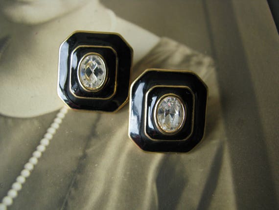 Vintage Gold Plated Crystal Black Enamel Earrings… - image 5