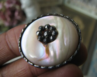 Antique Carved Mother of Pearl Button, Cut Steel Studded, Victorian