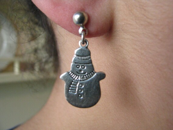 Vintage Solid Sterling Silver Dancing Snowman Ear… - image 1