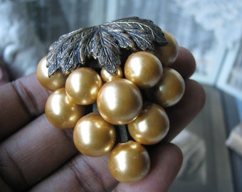 Art Deco Unsigned Miriam Haskell Pearl Grape Cluster Dress Clip, Brass Leaf