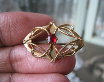 Antique Art Nouveau Brooch, Gold Plated, Red Paste Stone