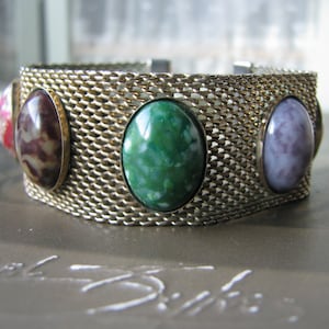 Vintage Trifari Bracelet, Vintage Mesh Belt Bracelet, Vintage Gold Mesh Bracelet, Vintage Cabochon Bracelet, Cabochon Mesh Bracelet