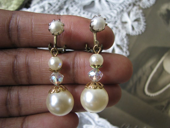 Wedding Earrings, Pearl Rhinestone Earrings, Vint… - image 1