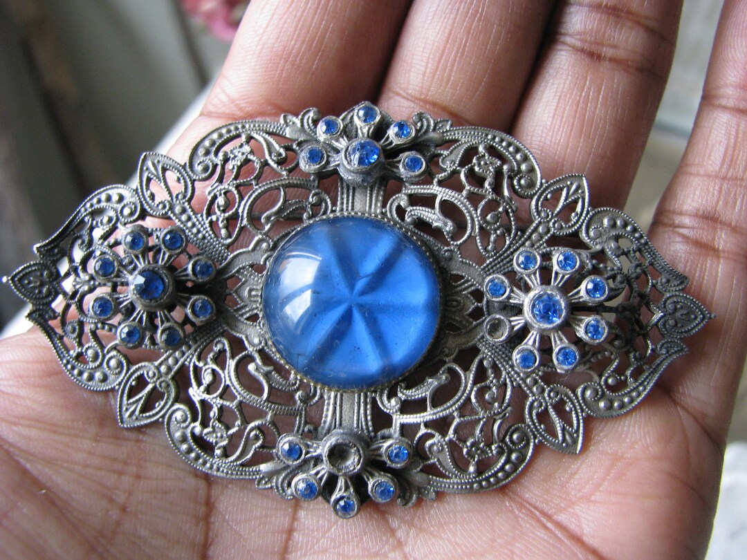 Large Art Deco Paste Brooch, Filigree Faux Sapphire Cabochon - Etsy