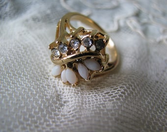 Vintage Gold Plated Opal Rhinestone Cocktail Ring, Size 6 3/4