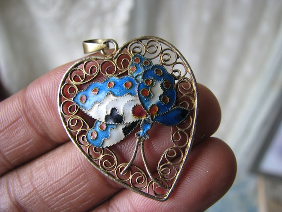 Vintage Butterfly Pendant, Vintage Cloisonne Pend… - image 2