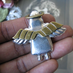 Vintage Mexican Silver Pin, Vintage Angel Pin, Sterling Silver Angel Pin, Silver & Brass Angel Pin, Vintage Mexican Silver