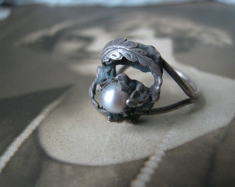 Anillo vintage de perla brutalista de plata de ley hecho a mano, talla 6